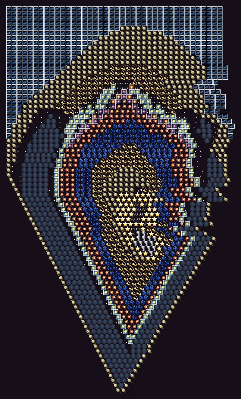 Hundreds of small emoji are arranged in a grid to form one large glowing shape: a teardrop or shield that points downward, centered on a black background. Squares of blue ocean-wave emoji fill the top corners like a sky. The shape itself is built from nested colored rings, reading inward: pale planets and golden moons, a wide band of dark gray spheres, a sparkling border of star tiles, a ring of red and orange bursts, then deep blue spirals mixed with golden comets, and finally a heart of bright gold stars. At the very center, a thin column of lightning bolts and gusts of wind sits above a small silvery checkered patch, like weather trapped inside a jewel.