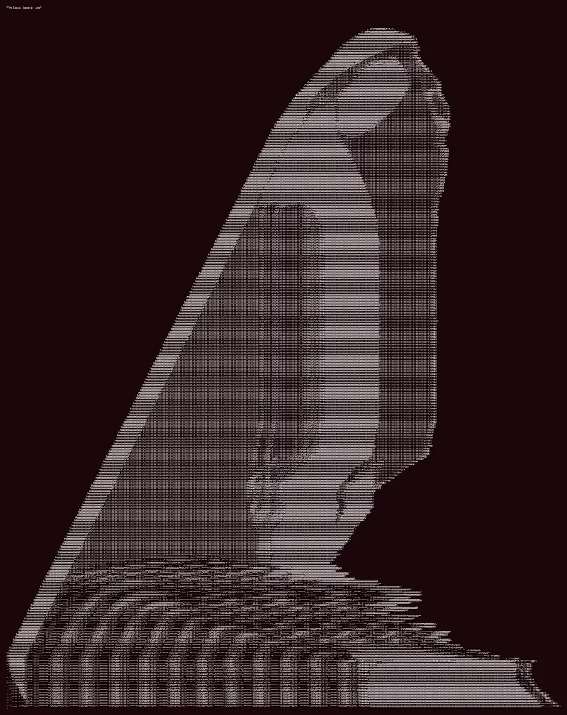 On a very dark reddish-brown background, a huge mass of fine gray text-shading forms one leaning shape that takes up most of the frame. It rises diagonally from a wide base at the lower left to a rounded peak at the upper right, and its silhouette suggests two bodies pressed together into a single monolith, or a great wave caught mid-lean. Inside the mass, slightly darker vertical bands hint at inner structure, like a figure enclosed in another. At the bottom, the solid mass breaks into many stacked horizontal lines, like ripples or strata, as if the form were dissolving into water. A tiny caption in the top left corner reads The Cosmic Dance of Love.