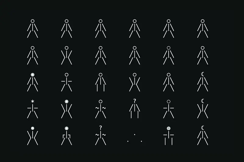 A grid of thirty simple stick figures, six across and five down, white lines on near-black. Each figure is a small circle for a head with slash-strokes for arms and legs. In the top rows they are almost identical, standing with arms raised. Moving down the grid the figures diverge: some hold their arms out flat or wave them in wiggly lines, some stand with legs straight, and their heads change — a crescent moon, a spiky star, a filled dot, a dashed outline, or a question mark where a head should be. One position near the bottom holds no figure, just three small dots.