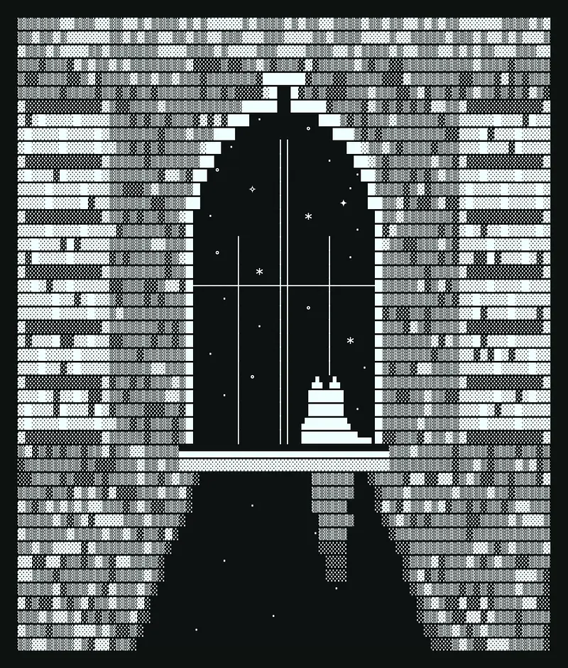 An ASCII image of a library wall at night, seen from inside. Nearly the whole frame is filled with horizontal rows of shaded rectangular blocks — bookshelves, each block a book spine, their alternating checkered and light tones giving the wall a woven texture. In the middle of the wall a tall arched window opens onto a dark sky scattered with stars and asterisk sparkles, its panes divided by thin white lines. A small white cat sits on the windowsill in silhouette, ears pointed, looking out at the night. Below the window a wedge of darkness spreads down across the shelves and floor, as if the night outside is spilling quietly into the closed library.