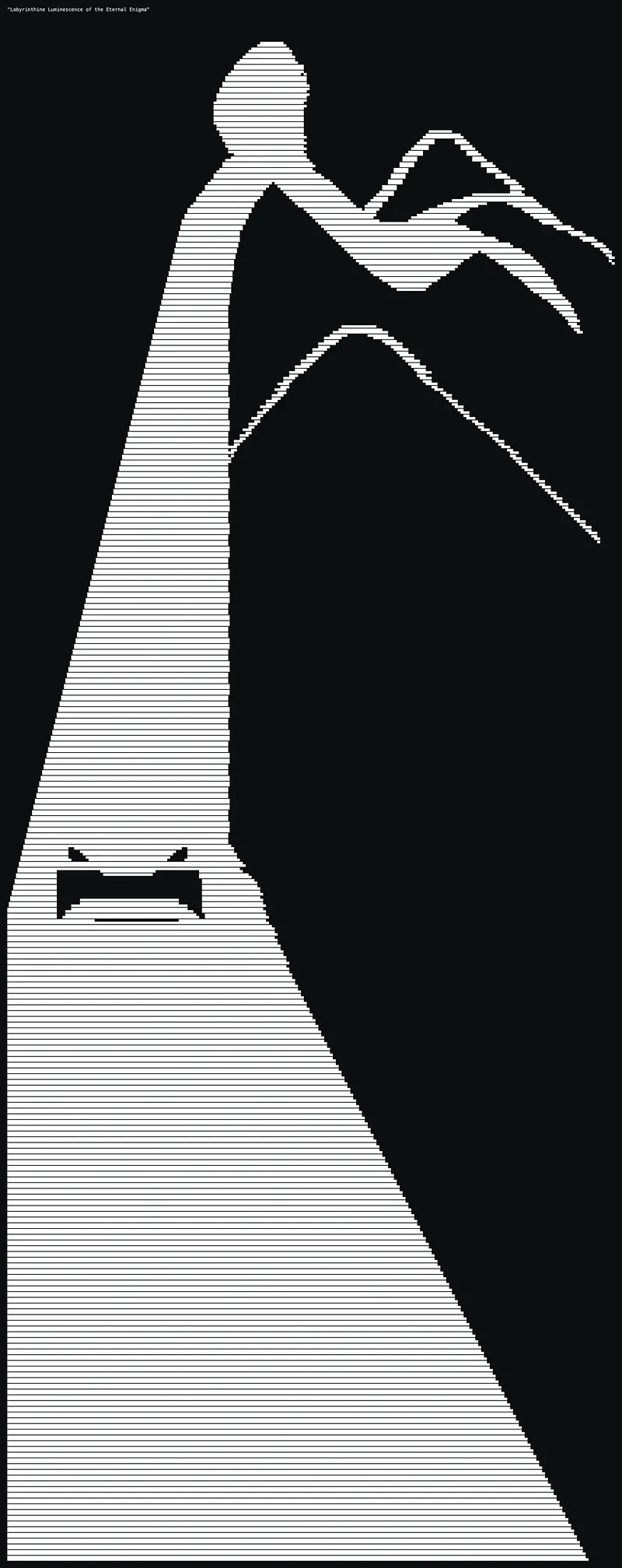 A tall white figure made of closely spaced horizontal lines stands against a black background, like a ghost drawn on an oscilloscope. At the top is a small rounded head on a narrow neck. One arm stretches out to the right and breaks into long, jagged, claw-like fingers, with a second thin arm curving beneath it. Below the shoulders, the body flares steadily outward into an enormous triangular robe, like a beam of light from a lighthouse, sweeping down to the lower left corner. Partway down this robe, cut out in black negative space, is a furious face: two slanted eyes and a wide, open, shouting mouth, so the specter seems to carry a second screaming face in its body. A tiny caption in the top left corner titles the piece Labyrinthine Luminescence of the Eternal Enigma.