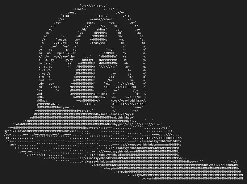 White ASCII characters on a black background form a large round head with two big circular outlined eyes and a bright dense column of characters between them, something like a nose or muzzle. Below the head, the characters thicken from scattered dots and slashes into a solid mass that sweeps diagonally down to the right like a wave or a heavy cloak, filling the bottom of the image. The word Opus is spelled out in small letters inside the sparse texture on the left side.